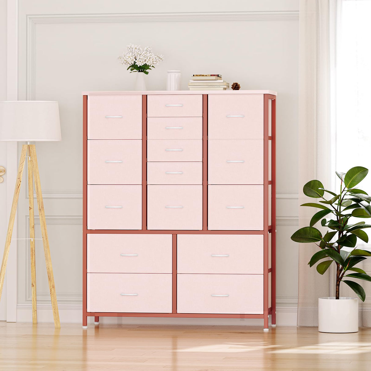 ElectraSpeedy 15 Drawers Dresser, Tall Dressers for Bedroom, Large Chests of Drawers, Fabric Storage Dresser Organizer Unit for Closet, Hallway, Living Room (Pink Wood Grain Print) ElectraSpeedy