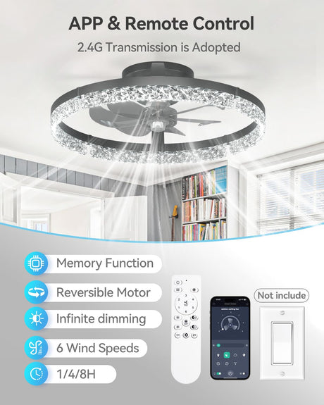 addlon Ceiling Fans with Lights and Remote, 20'' Low Profile Ceiling Fans, 3000-6000K Dimmable Modern Flush Mount LED Fan Light, Fandelier Ceiling Fan for Bedroom, Kitchen, Living Room, Black addlon