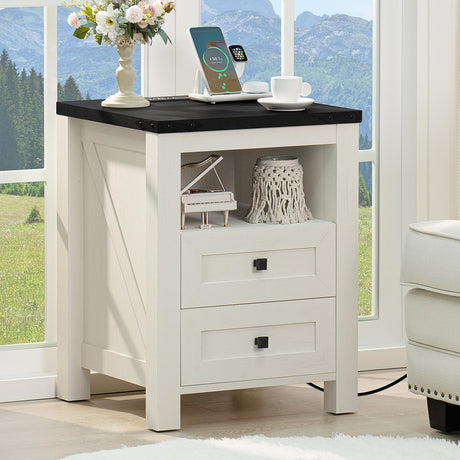 Joaxswe Nightstand with Charging Station and USB Port, Farmhouse Night Stand with 2 Drawers and Shelf Storage, Wooden Side End Table, Bedside Cabinet for Bedroom, Living Room, Closet, Office (White) Joaxswe