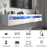 Floating TV Stand Wall Mounted with Power Outlet, Modern Floating Entertainment Center for 80 Inch TV, High Gloss Floating TV Shelf with LED Lights for Living Room, Bedroom, White Doredo