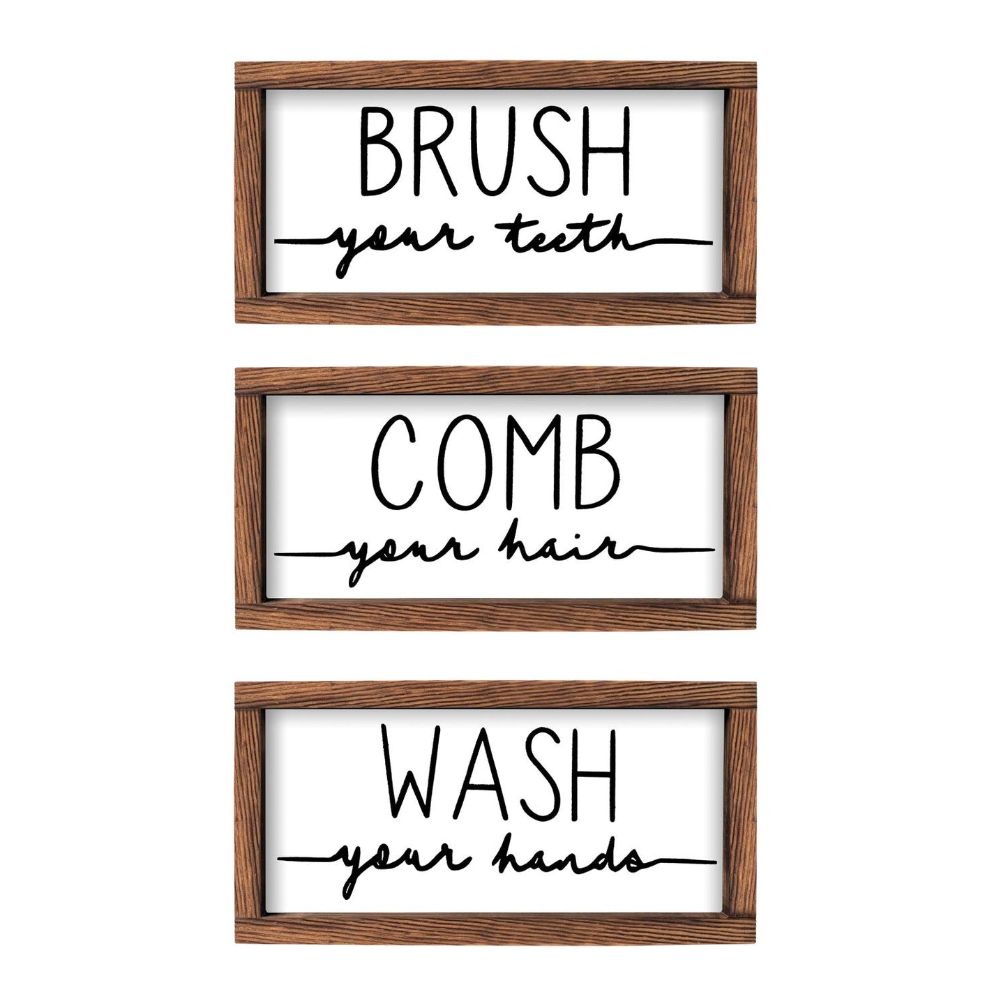 LIBWYS Bathroom Sign & Plaque (Set of 3) Wash Your Hands Brush Your Teeth Comb Your Hair Decorative Rustic Wood Farmhouse Bathroom Wall Decor (White)