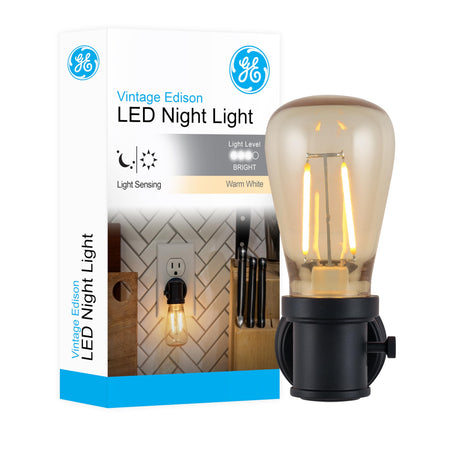 GE Vintage LED Edison Night Light, Plug-in, Dusk to Dawn Sensor, Farmhouse Decor, Mood Lighting, Home Decor, Ambient Lighting, LED Lights for Bedroom, Bathroom, Kitchen, Hallway, Black, 1 Pack, 64346 GE