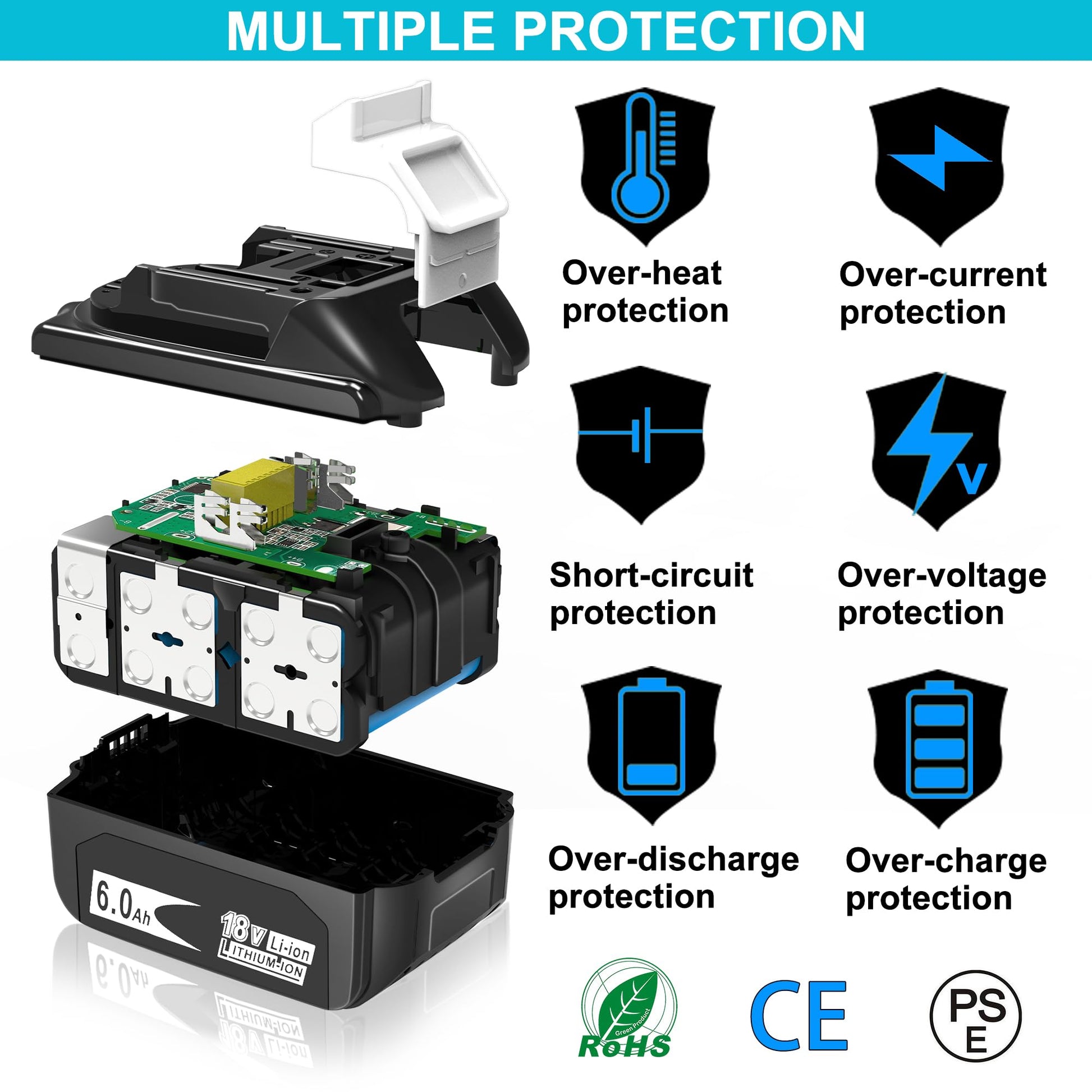 Worthmah 2 Packs 6.0Ah 18 Volt Replacement Battery Replacement for MAK Original 18V Battery with LED Indicator BL1815 BL1860 BL1830, Perfection Compatible with Original 18V Cordless Power Too - WoodArtSupply