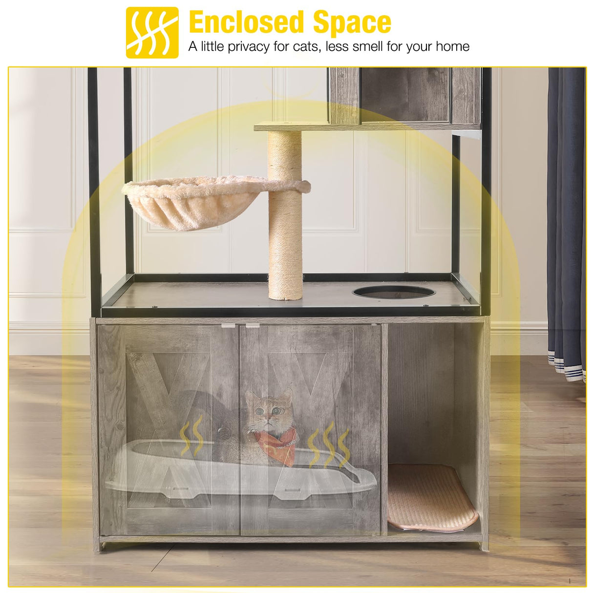 Aivituvin Cat Litter Box Enclosure, Litter Box Furniture Hidden, Wooden Cat Washroom Furniture, Indoor Cat House with Condo, Hammock, Scratching Mat and Storage Shelves-Greige Aivituvin