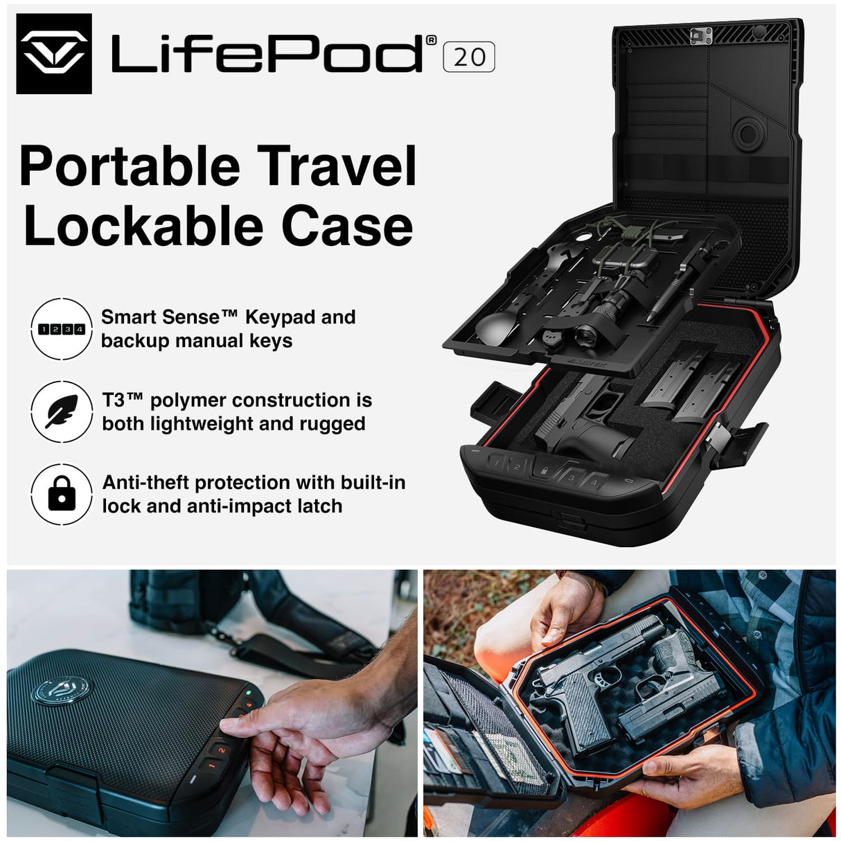 VAULTEK LifePod 20 Full-Size Lockable Weatherproof Case with Built-in Lock, Steel Security Cable, & TSA Handgun Case or Car Safe, Portable Travel Pistol Safe/Titanium Gray VAULTEK