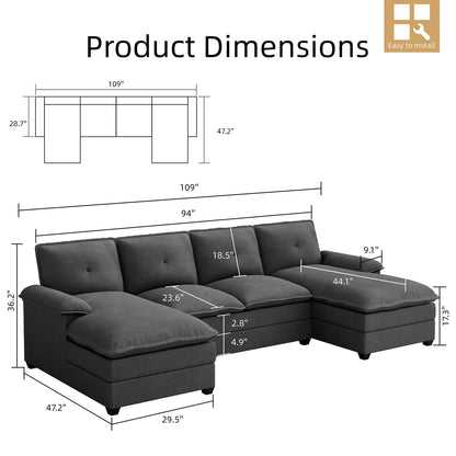 JAMFLY Sectional Couches for Living Room, U-Shaped Couch 4 Seat Sofas with Double Chaises, Modern Modular Sectional Sofa Set for Apartment Furniture for Apartment, Black