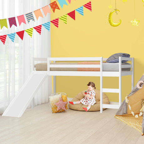KOTEK Twin Loft Bed with Slide, Kids Low Loft Bed with Ladder & Slide, Wooden Single Bed Loft Bed w/Slats & Safety Guard Rail for Children (White) KOTEK