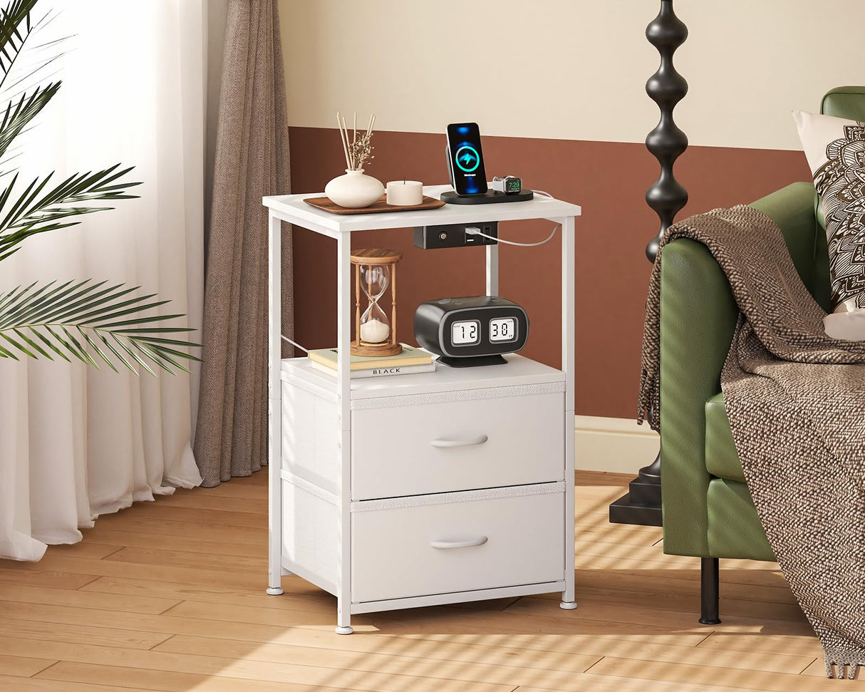 Casaottima White Night Stand with Charging Station and LED Lights, End Table for Bedroom with 2 Fabric Drawers, Small Nightstand with Storage Shelf, Bed Side Table, Bedside Table Casaottima
