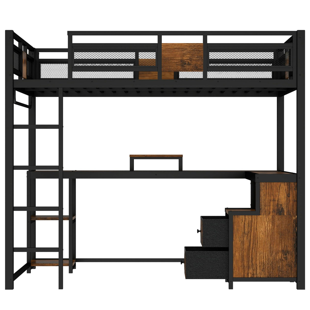 Ball & Cast Queen Size Loft Bed with L Shaped Desk and Storage Drawers, Metal Loft Bed Frame with Safety Rails & Ladders for Kids Teens Adults, Nosie-Free,No Box Spring Needed,Easy Assembly,Black Ball & Cast