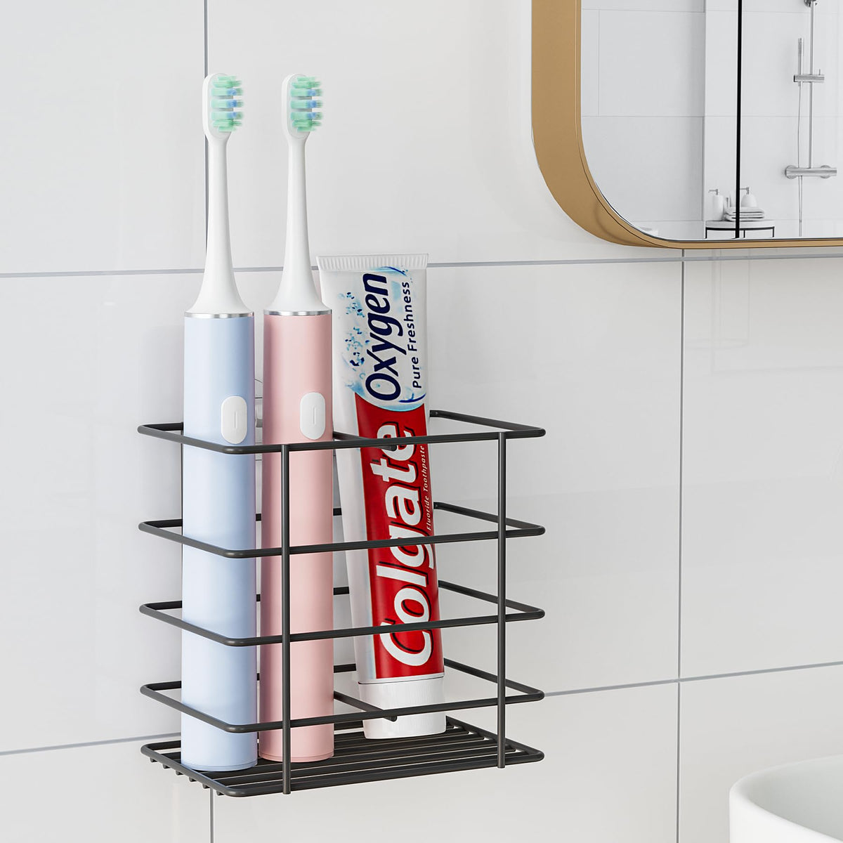 Oasiteege Adhesive Toothbrush Holder Wall Mounted, Suction Cup Toothpaste Organizer for Shower, Hanging Razor Tooth Brush Holder Storage Caddy with Drainage, Black Bathroom Accessories and Decor Oasiteege