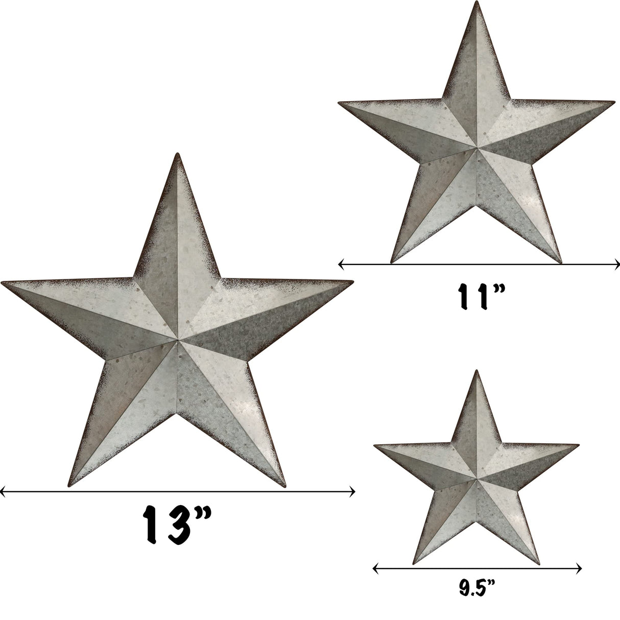 COLLECTIVE HOME - 3 Pcs Metal Barn Star, Galvanized Hanging Wall Decor, Farmhouse Wall Sculpture, 3D 13/11/9.5 Inch Wall Art for Office Living Room Bedroom (Galvanized Star) COLLECTIVE HOME