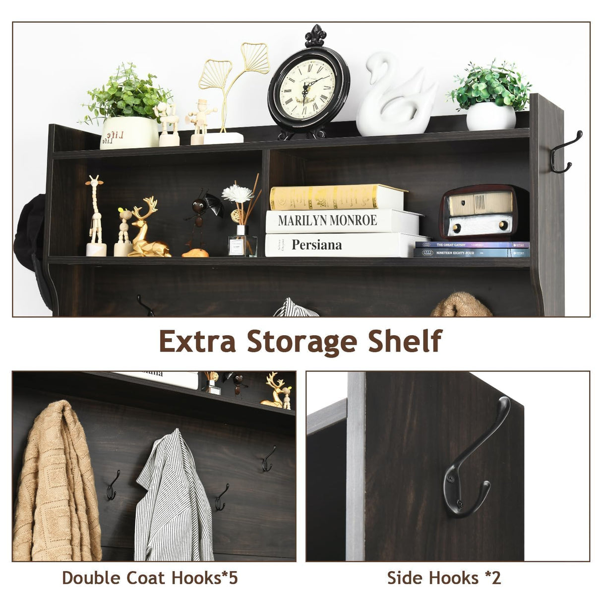 4ever2buy Farmhouse Hall Tree with Storage, 42 Inch Wide Entryway Bench with 2 Sliding Barn Doors, Brown Tall Hall Tree with Coat Rack & Shoe Storage for Living Room 4ever2buy