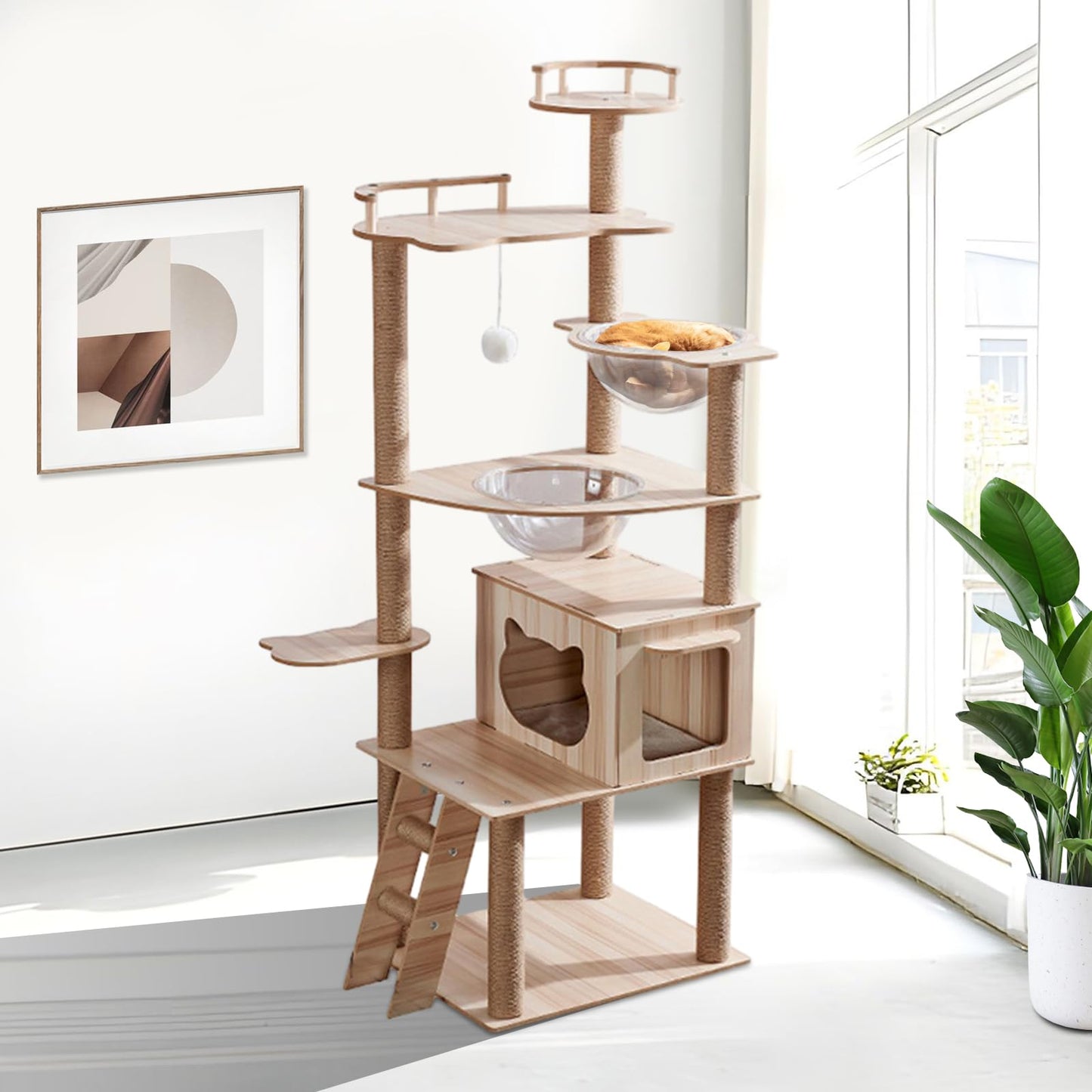 Oceskyha Cat Tree, Modern Cat Tree Tower for Indoor Cats - 67" Tall Wood Condo with Hammock, Scratching Post and Toy for Small Large Cats (Natural Color 01) - WoodArtSupply