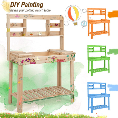 Giantex Garden Potting Bench Table, Large Workbench Table with Shelves, Openable Tabletop Hidden Storage Cabinet, 3 Hooks, Outdoor Wooden Workstation for Patio Garden Garage, 43.5"x19.5"x 60.5" Giantex