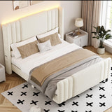 Lihimte Queen Size Bed Frame with Tall Headboard and Footboard, Boucle and Velvet Upholstered Bed Frame Queen with LED Lights, Modern Platform Bed Frames, Noiseless, Easy Assembly, White Lihimte
