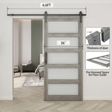 BARNSMITH 36in x 84in Glass Barn Door with 6.6FT Sliding Door Hardware Kit included & Handle,5-Panel Frosted Glass Solid Wood Slab with Water-Proof PVC Surface,Pre-Drilled Easy Assembly,Grey BARNSMITH