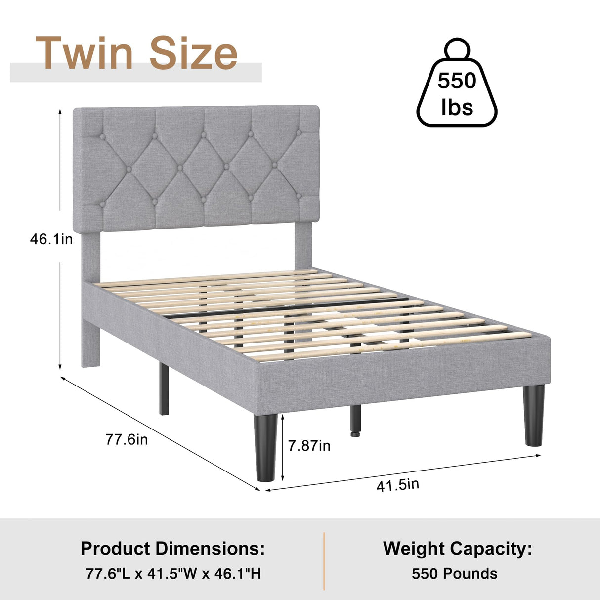 VECELO Twin Bed Frame with Button Tufted Headboard, Upholstered Platform with Wooden Slat Support, No Box Spring Needed, Grey VECELO