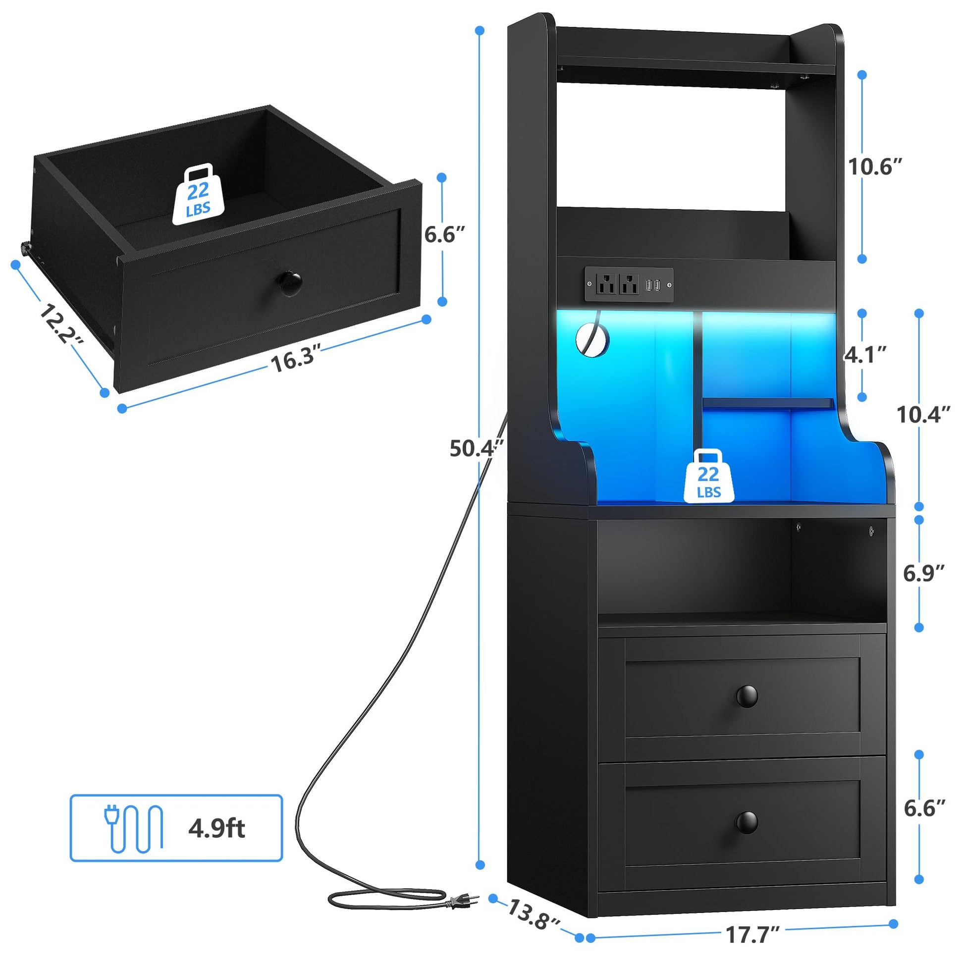 EnHomee Tall Nightstand with USB Ports, 20-Color LED Lights & 2 Drawers - Black Farmhouse Design - WoodArtSupply