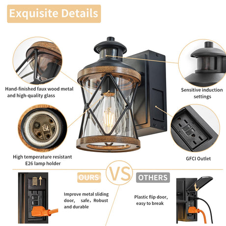 Dusk to Dawn Motion Sensor Outdoor Porch Light with GFCI Outlet,3 Lighting Modes Anti-Rust Waterproof Industrial Outdoor Lantern,UL ETL Listed,Exterior Work Lights Rustic Wood-Like Finish Wall Light Ejerlya