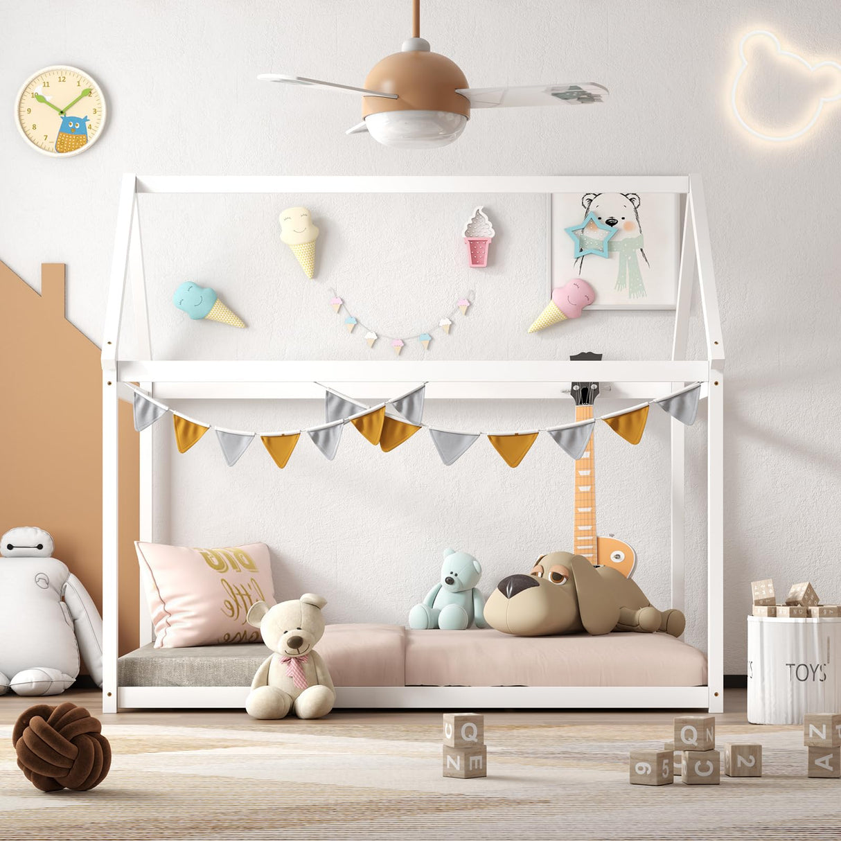 Giantex White Twin House Bed Frame with Canopy – Montessori-Inspired Low Floor Bed for Kids Giantex