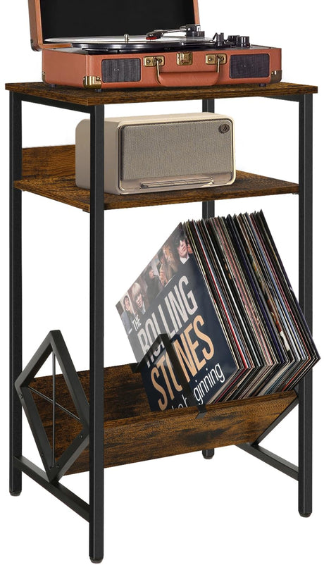 YINMIT 3-Tier End Table,Record Player Stand with Vinyl Storage,Up to 65 Albums,Turntable Stand for Vinyl,Record Player Table,Records Shelf for Living Room,Bedroom,Retro Side Table for Magazine,Book YINMIT