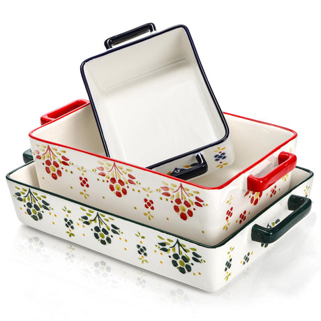 Peohud Set of 3 Casserole Dishes for Oven, Porcelain Baking Dishes with Handle, Large Rectangular Lasagna Pans, Ceramic Bakeware Set for Cooking, Kitchen, Cake Dinner, Banquet and Daily Use Peohud