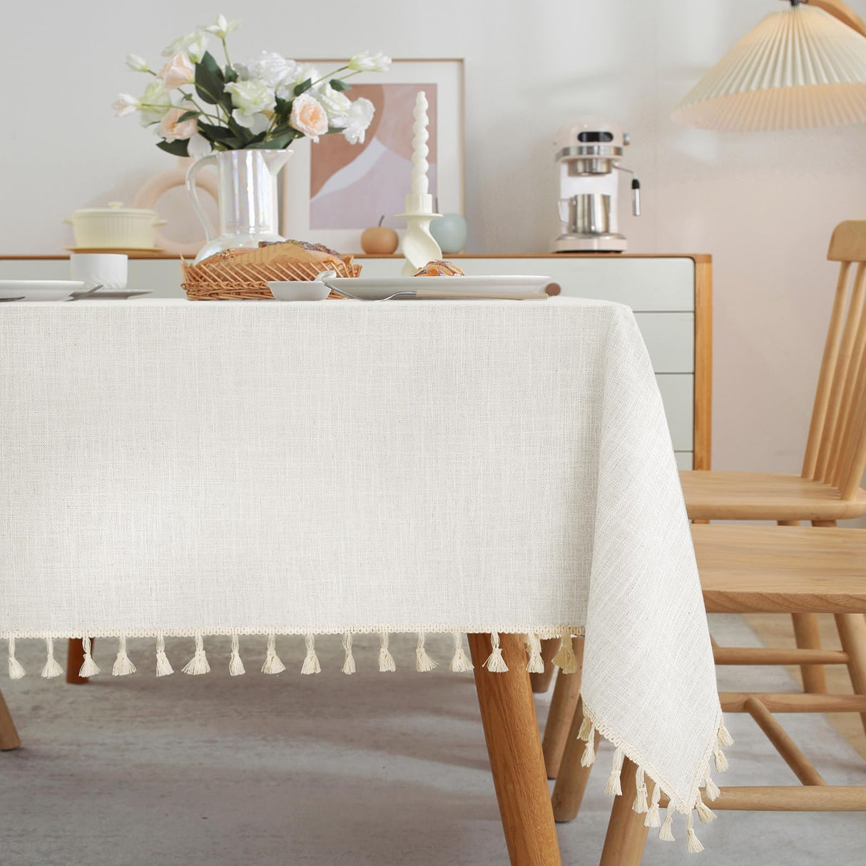 JIALE Textured Tablecloth, Heavy Duty Cotton Linen Farmhouse Table Cloth Rectangle Table, Waterproof Wrinkle-Free Rectangle Table Cover for Kitchen, Dining, Parties, 55"x75", Ivory JIALE