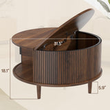 Onogefel Round Coffee Table with Storage, Mid Century Modern Coffee Table, Fluted Dining Table with Sliding Door, Circle Coffee Table for Living Room Home Office, 31.5", Walnut Onogefel