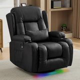 IPKIG Manual Swivel Rocker Recliner Chair with LED Lights, Side Pocket, Cup Holder, Dual-Use Pillow, Faux Leather Glider Rcking Chair Nursery for Living Room, Bedroom, Office, Black IPKIG