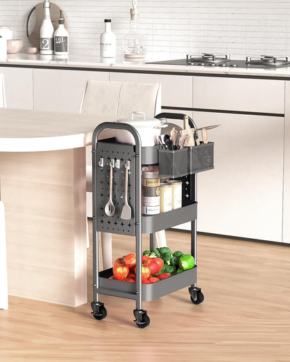 ALVOROG 3 Tier Rolling Cart with DIY Pegboards Metal Utility Cart with Wheels Handles Baskets Hooks, Storage Cart for Office Kitchen Bathroom(Gray)