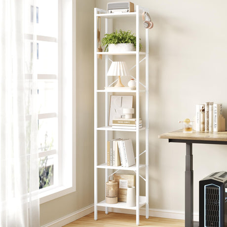 Hzuaneri Bookshelf, Book Shelf, Industrial Bookcase with 2 Hooks, Coner Shelf Storage Organizer for Home Office, Living Room, Bedroom, Kitchen, 6-Tier White BC10713W Hzuaneri