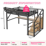 Metal Loft Bed with Desk and RGB LED Lights, Full Size Loft Bed with Stairs and Charging Station,Kids Loft Beds with Storage Shelves for Upper and Wardrobe,Loft Beds Frame for Kids Teens, Black Duxelifin