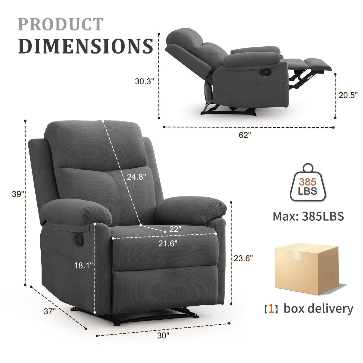 Korser Recliner Chair, Manual Recliner for Adults with Side Pocket, Small Recliners for Small Spaces, Adjustable Comfy Overstuffed Corduroy Reclining Chairs for Living Room, Reading, Bedroom, Grey Korser