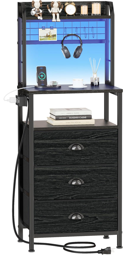 Furologee 44'' Tall Nightstand with Charging Station, Bedside Table with LED Lights, End Table with 3 Drawers and Storage Shelves, Night Stand with Pegboard for Bedroom, Black Oak Furologee