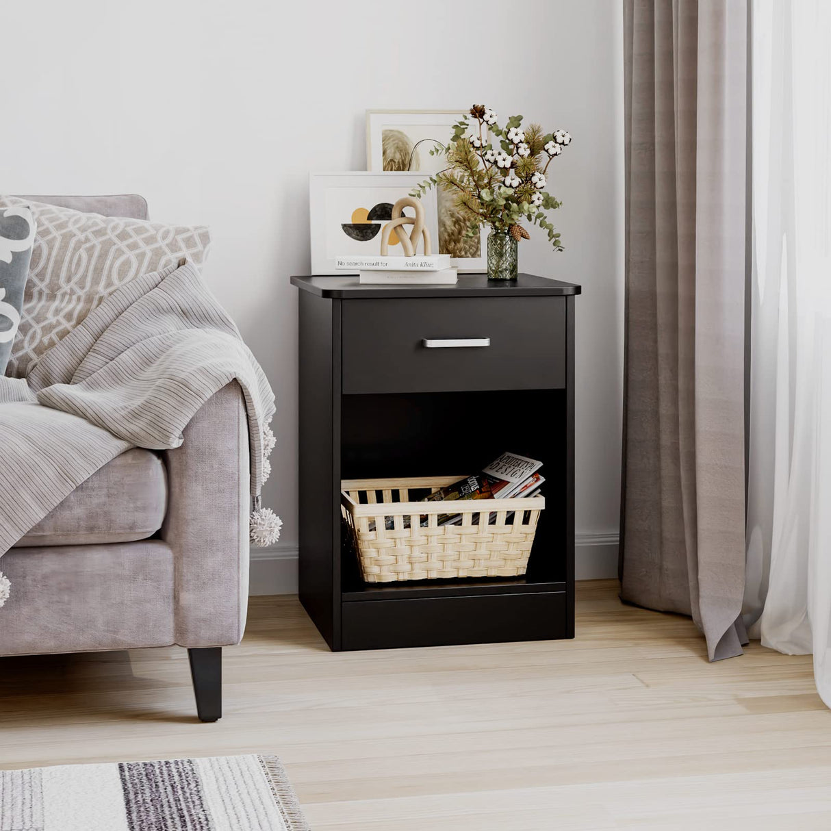 FOTOSOK Nightstand, Set of 2, 2-Tier Side Table with Drawer and Storage Shelf, Bedside Table End Table, Modern Night Stand for Bedroom, Home Office,Black FOTOSOK