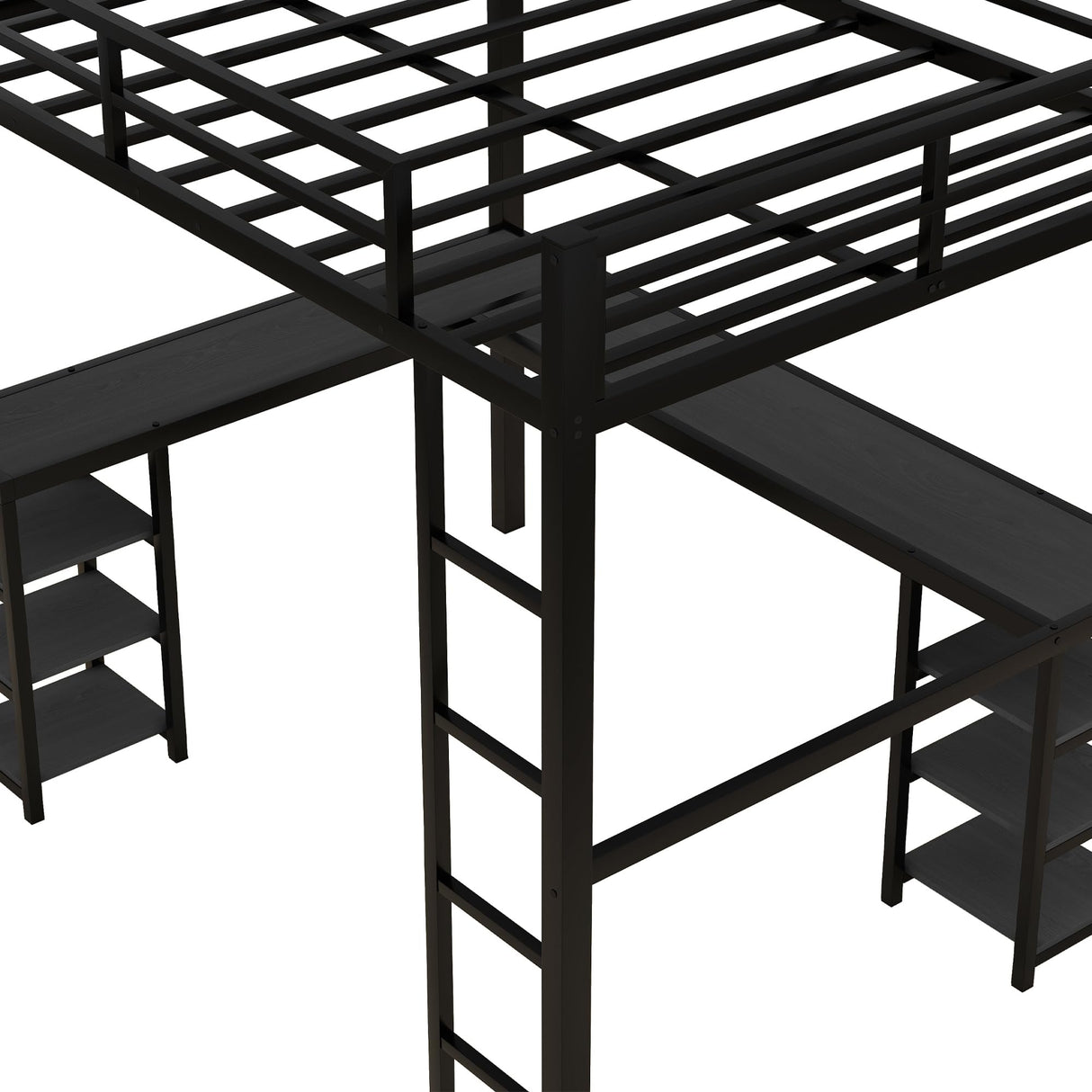 Full Size Loft Bed with Desk and Storage Shelves, Heavy Duty Metal Loft Bed with Black Desk and Guardrail, Full Size Loft Bed for Kids, Teens(Full Black Desk) Bellemave