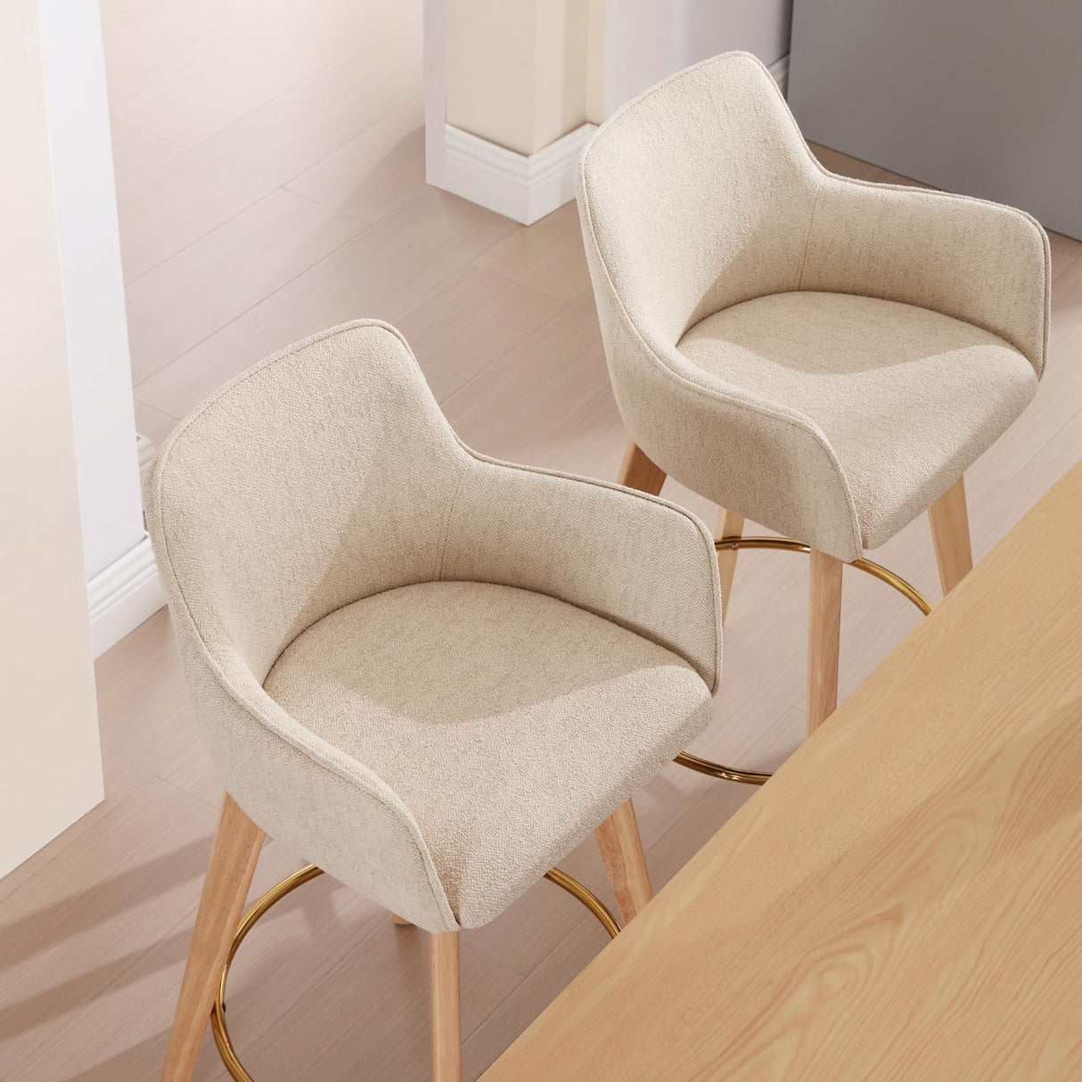 ONEVOG Modern 26" Counter Height Bar Stools Set of 4, Swivel Kitchen Island Tall Chairs with Back, Arm, Footrest and Solid Wood Legs, Linen Fabric Upholstered Farmhouse Barstools for Countertop, Beige ONEVOG