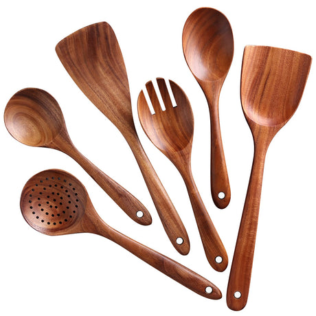 NAYAHOSE Wooden Spoons for Cooking, 6 Pcs Wooden Utensils for Cooking, Natural Teak Wood Non-Stick Cooking Spoons, Wood Utensils Set for Kitchen NAYAHOSE