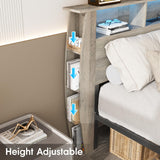 Fameill Queen Size Grey Wood Bed Frame with Smart Bookcase Headboard & LED Lighting Fameill