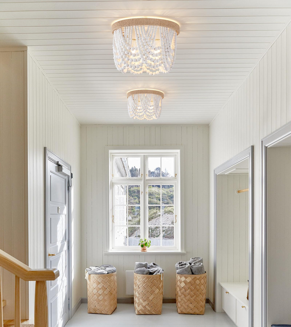 AMZASA White Boho Wood Beaded with Hemp Rope Flush Mount Ceiling Light Farmhouse Small Chandelier Light Fixture for Bedroom Hallway Entryway Closet Kitchen Dining Room Living Room Nursery AMZASA