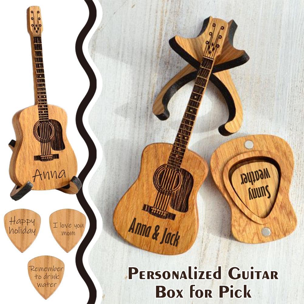 MANYUN Custom Guitar Pick Holder with 3PCS Guitar Picks, Personalized Wooden Guitar Picks Case with Stand, Unique Engraved Guitar Picks Acoustic Guitar Box for Electric Bass Guitar Ukulele Lo - WoodArtSupply