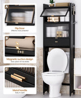 Cozivolife Over The Toilet Storage Cabinet with Drawer and Flip Door, Bamboo Bathroom Organizer Shelf with Anti-Tip Design and Waterproof Feet Pad,Freestanding Rack Above WC Space Saver (Black) Cozivolife