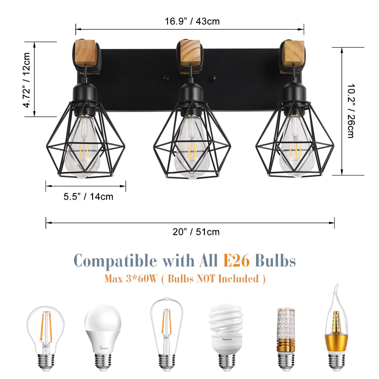 Farmhouse Vanity Light for Bathroom, 3-Light Wood Bathroom Vanity Light Fixtures Over Mirror, Rustic Sconces Wall Lighting with Metal Lampshade for Living Room, Bedroom, Hallway VbiTmn