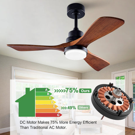 BOJUE 42 Inch Black Ceiling Fans with Lights and Remote,3 Color LED Light,Quite Reversible DC Motor,Memory Function,Modern Solid Wood Indoor Outdoor Ceiling Fan with light for Farmhouse Bedroom Patio BOJUE