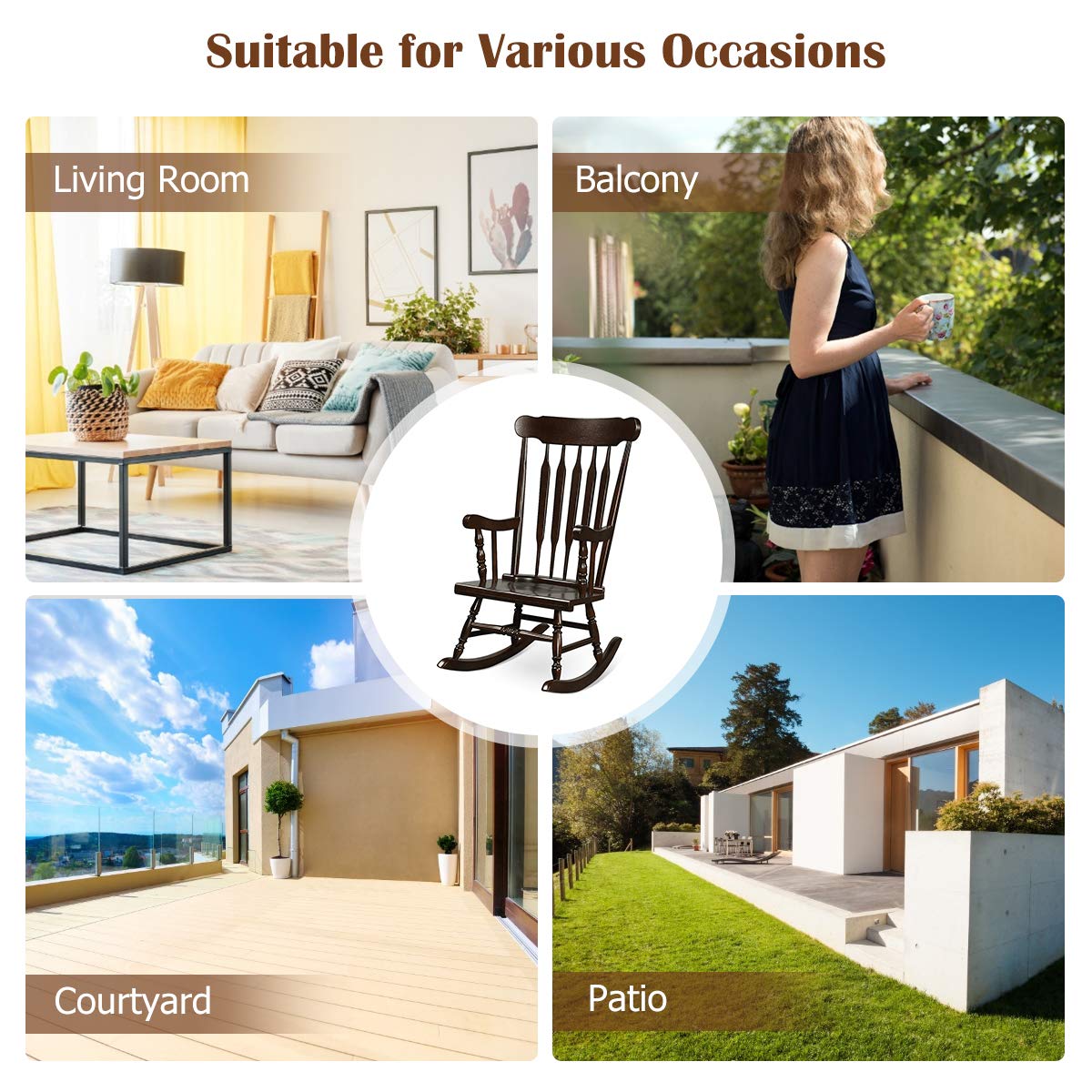 Giantex Rocking Chair Solid Wooden Frame Outdoor & Indoor Rocker for Garden, Patio, Balcony, Backyard Porch Rocker (1, Dark Coffee) Giantex