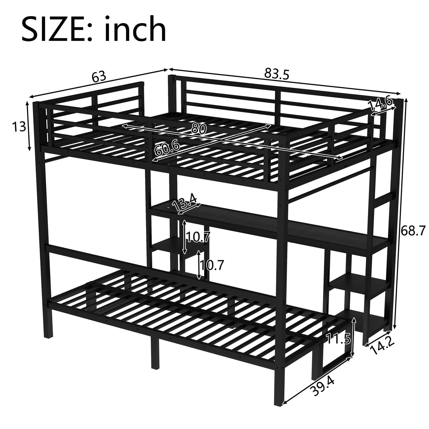 JIJIWANG Queen Over Twin XL Metal Bunk Bed/Loft Bed with Desk and Shelves, Multiple Uses Folds into Sofa with LED and USB, Safety Guard & Ladder, No Box Spring Needed, Black