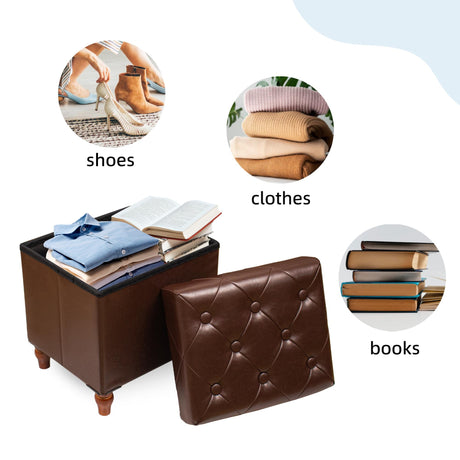 CAROLMADE Folding Storage Ottoman Cube PU Leather Footstool with Wood Legs Ottoman Footrest for Living Room and Bedroom Brown, 15x12.6 x 15.4” CAROLMADE