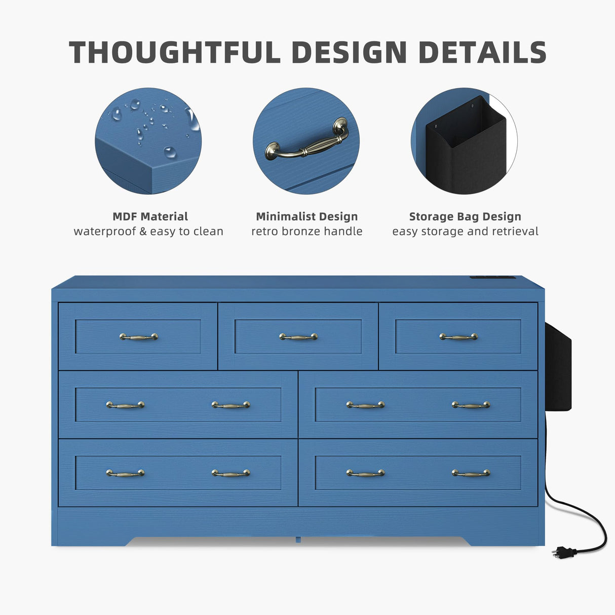 DWVO Farmhouse 7 Drawer Dresser for Bedroom, 59" Wide Large Modern Dresser TV Stand with Drawers & Bar Handles, Storage Dressers with Power Outlets, Rustic Wood Chest of Drawers, Blue Upgraged DWVO