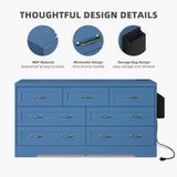 DWVO Farmhouse 7 Drawer Dresser for Bedroom, 59" Wide Large Modern Dresser TV Stand with Drawers & Bar Handles, Storage Dressers with Power Outlets, Rustic Wood Chest of Drawers, Blue Upgraged DWVO