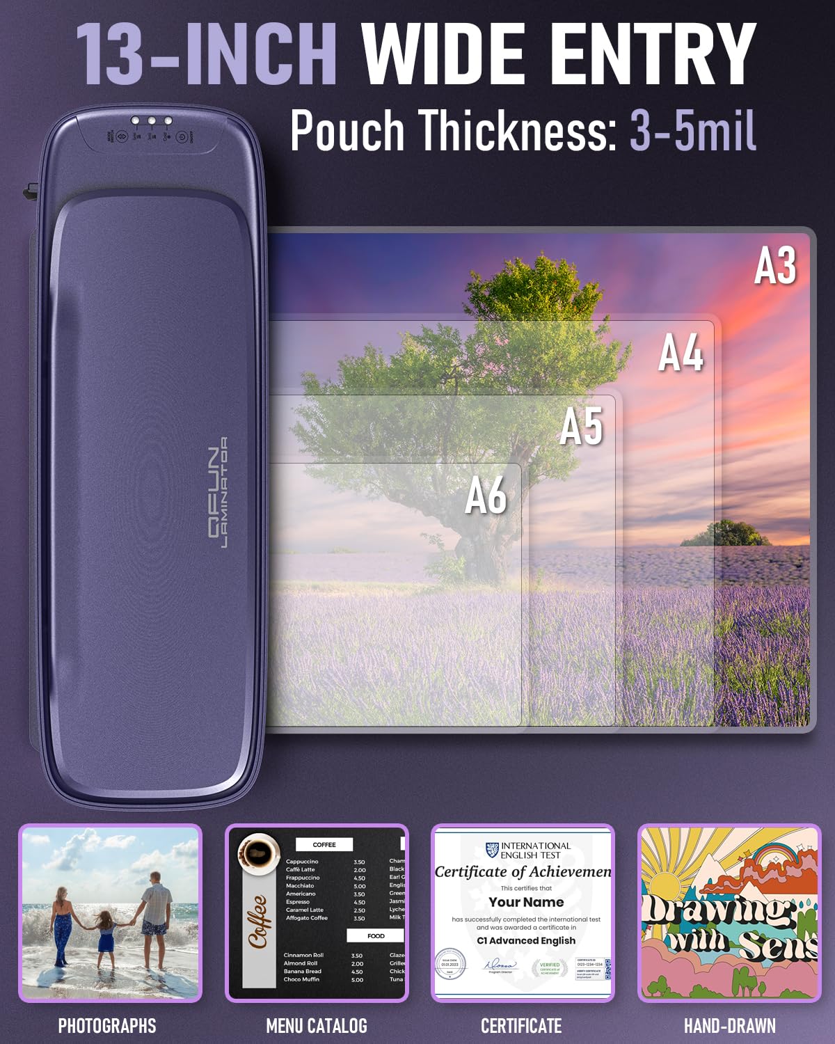 Laminator Machine 13 Inch Wide Thermal Lamination 9 in 1 Cold Hot A3 Laminating Machine for Teacher Personal, 60s Warm-Up No Jam laminator Machine 11x17 with 30 Laminating Sheets for Home Office Use Qfun